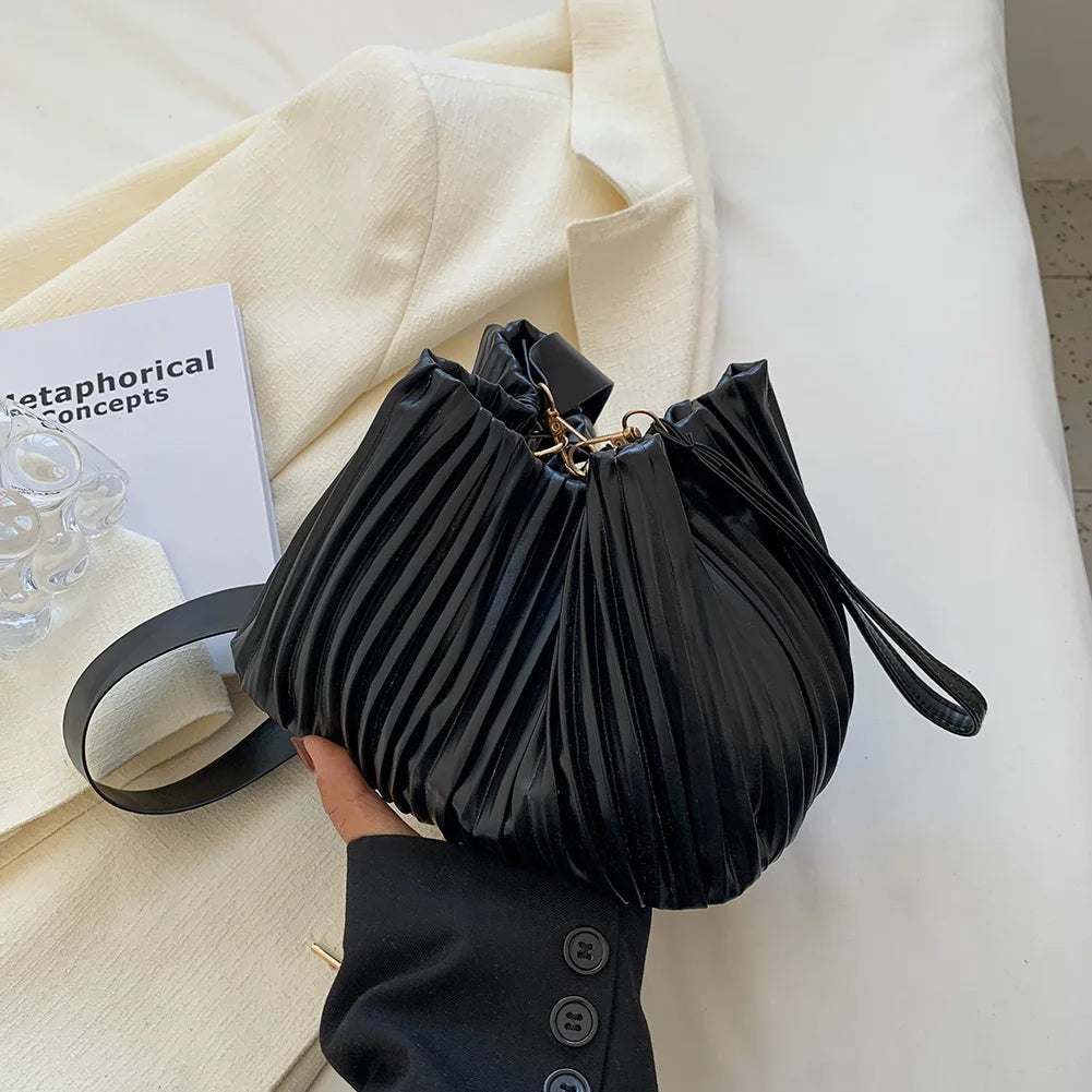 Casual Ladies Crossbody Bag Bucket Shape PU Leather Pleated Zipper Bag