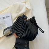 Casual Ladies Crossbody Bag Bucket Shape PU Leather Pleated Zipper Bag