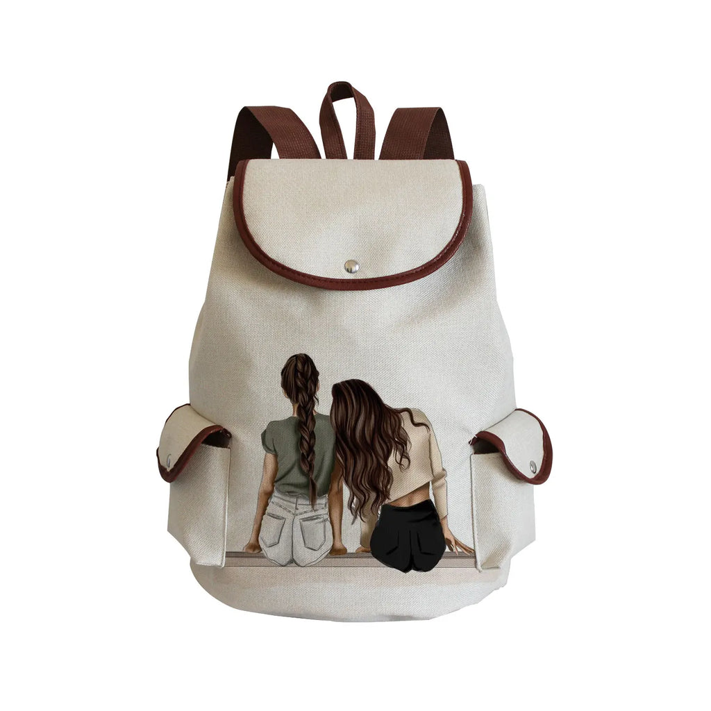 Cartoon Girlfriends Sisters Print Linen Women Backpack