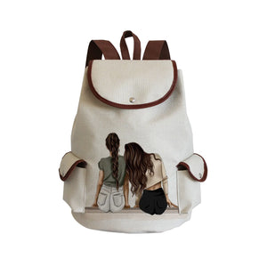 Cartoon Girlfriends Sisters Print Linen Women Backpack