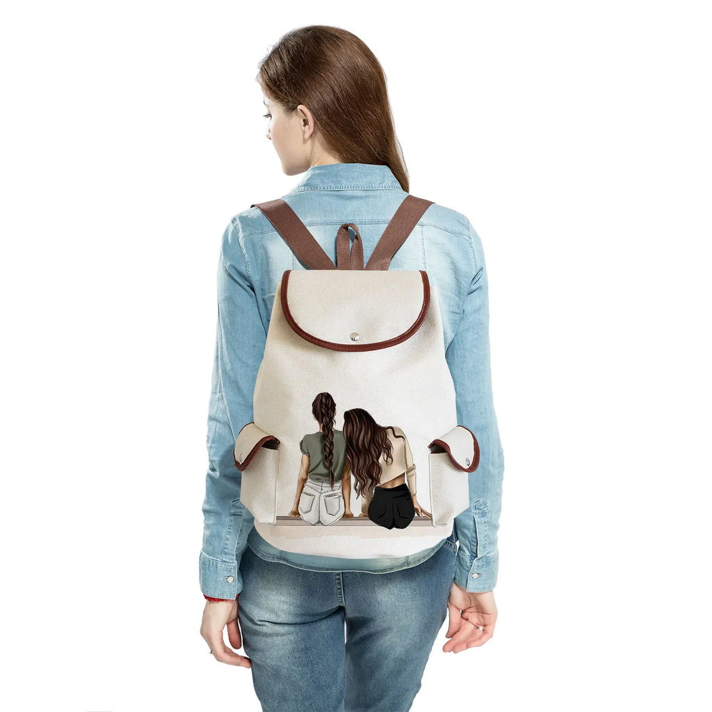 Cartoon Girlfriends Sisters Print Linen Women Backpack