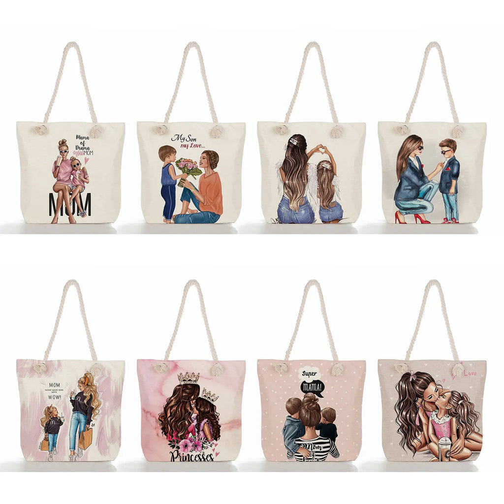 Cartoon Mama Print Large Handbag Mom & Baby Tote Travel Beach Bag