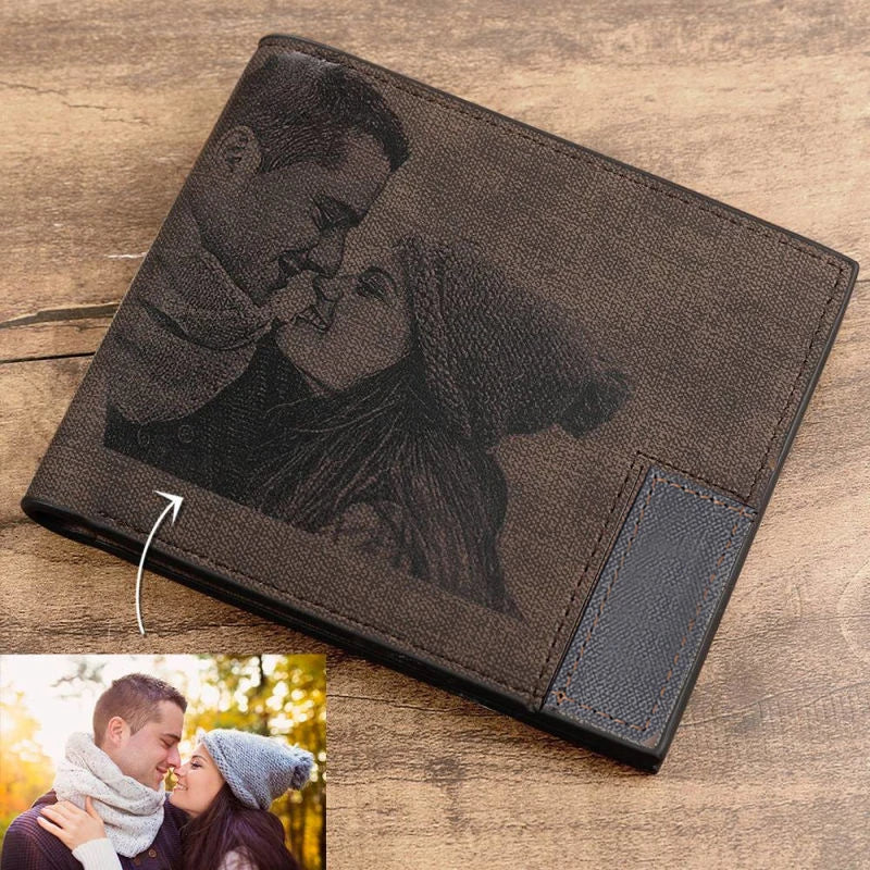 Engraved PU Leather Men's Bifold Wallet with Photo Inscription