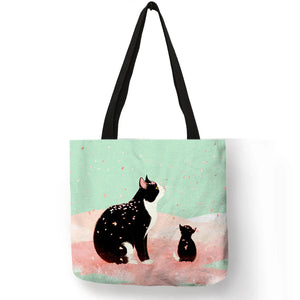 Cartoon Cat Print Tote Bag for Women Reusable Shopping Bags