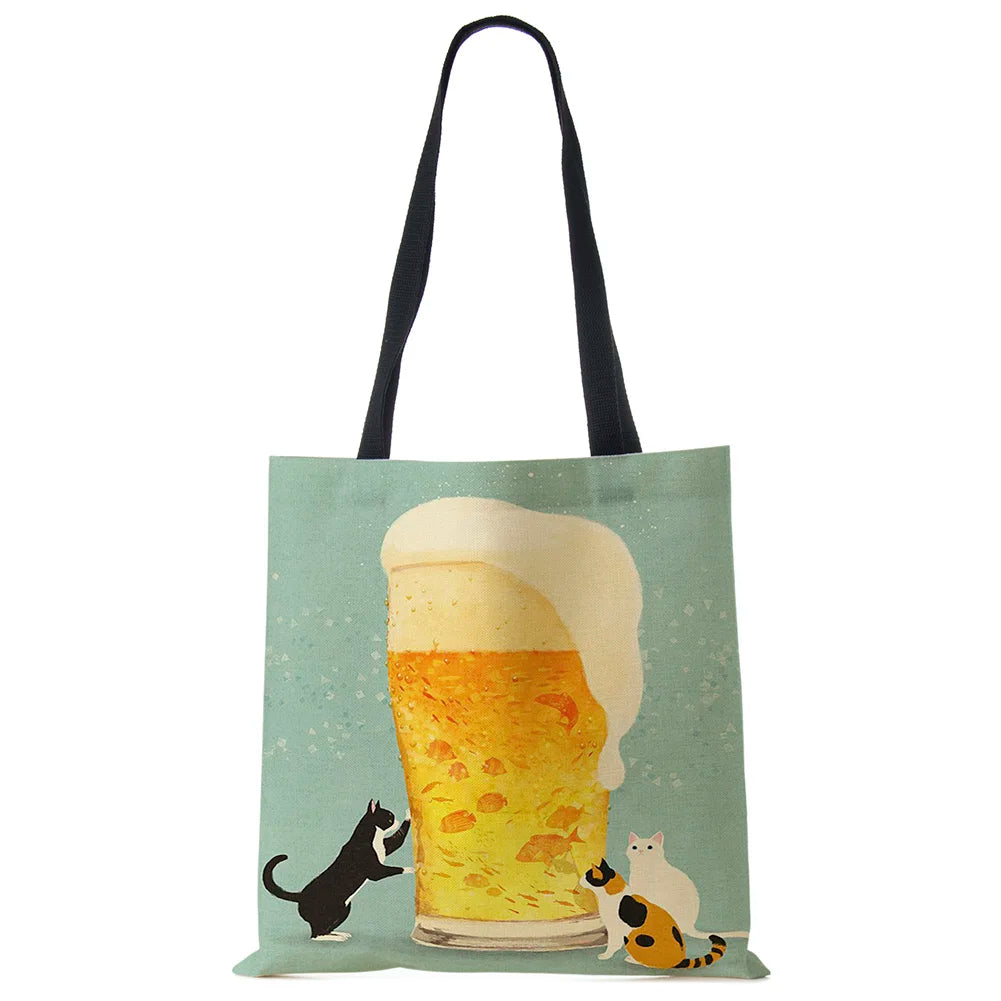 Cartoon Cat Print Tote Bag for Women Reusable Shoulder Bags