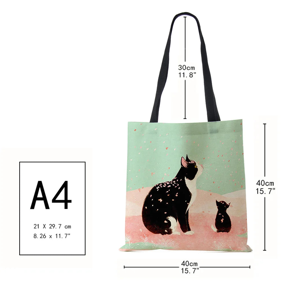 Cartoon Cat Print Tote Bag for Women Reusable Shoulder Bags