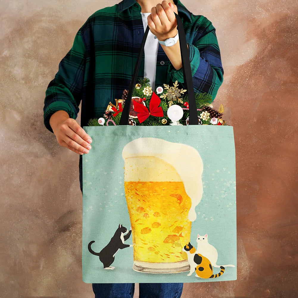 Cartoon Cat Print Tote Bag for Women Reusable Shoulder Bags