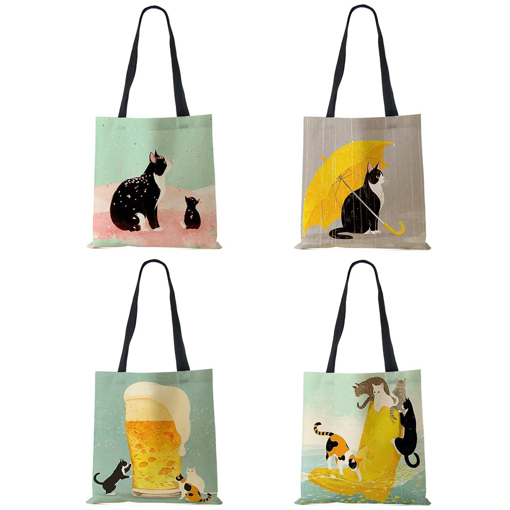 Cartoon Cat Print Tote Bag for Women Reusable Shoulder Bags
