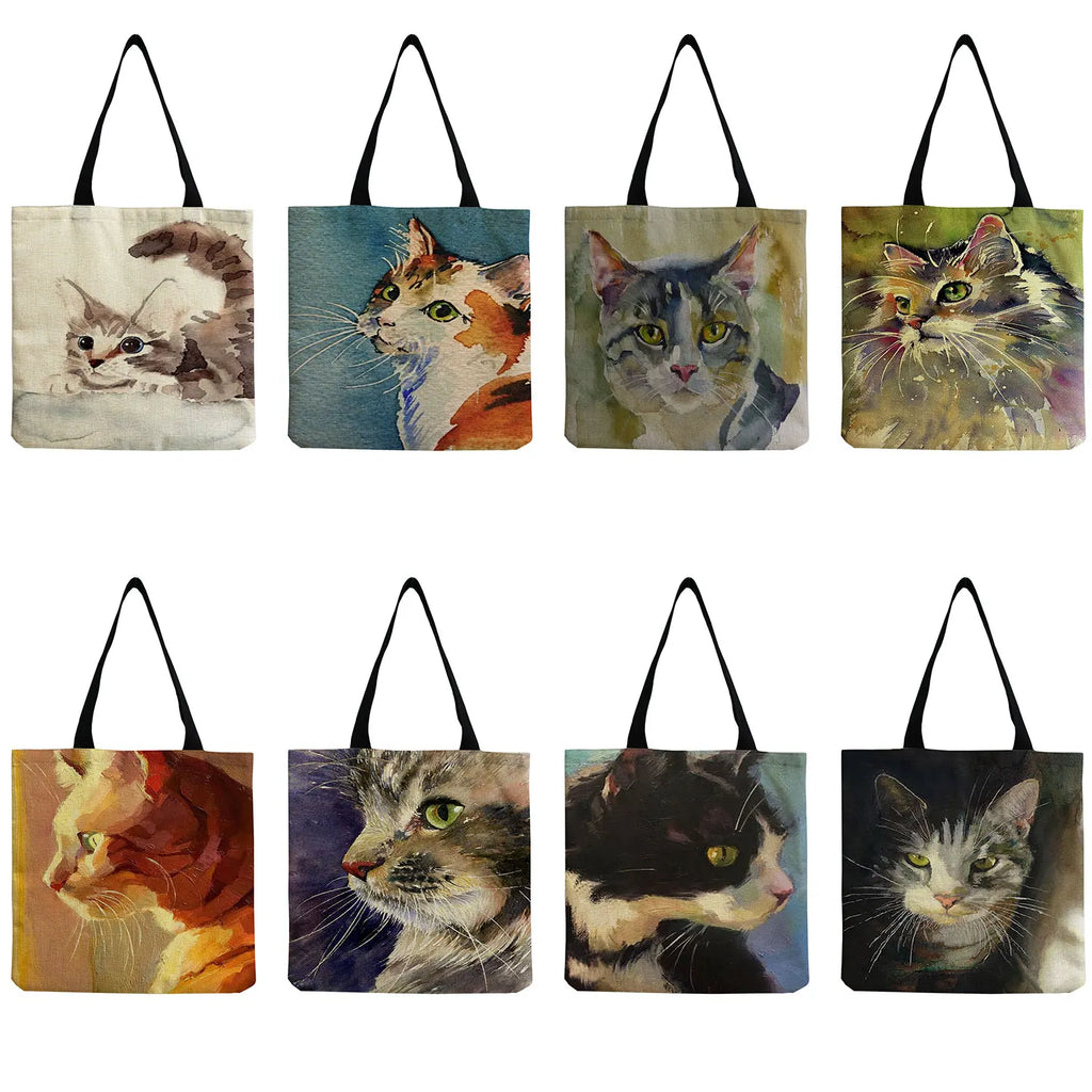 Cat Oil Painting Eco Reusable Handbag Totes