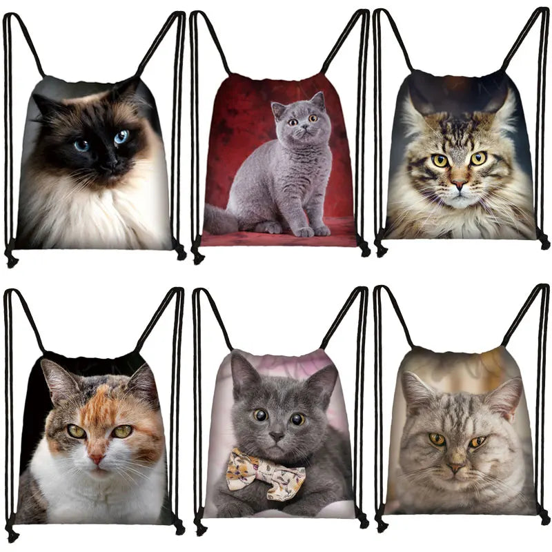 Cat Print Drawstring Bag Women Natural Backpack