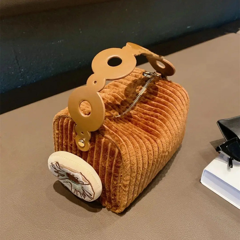 Corduroy Mini Bag with Donut Pendant - Women's Crossbody Tote