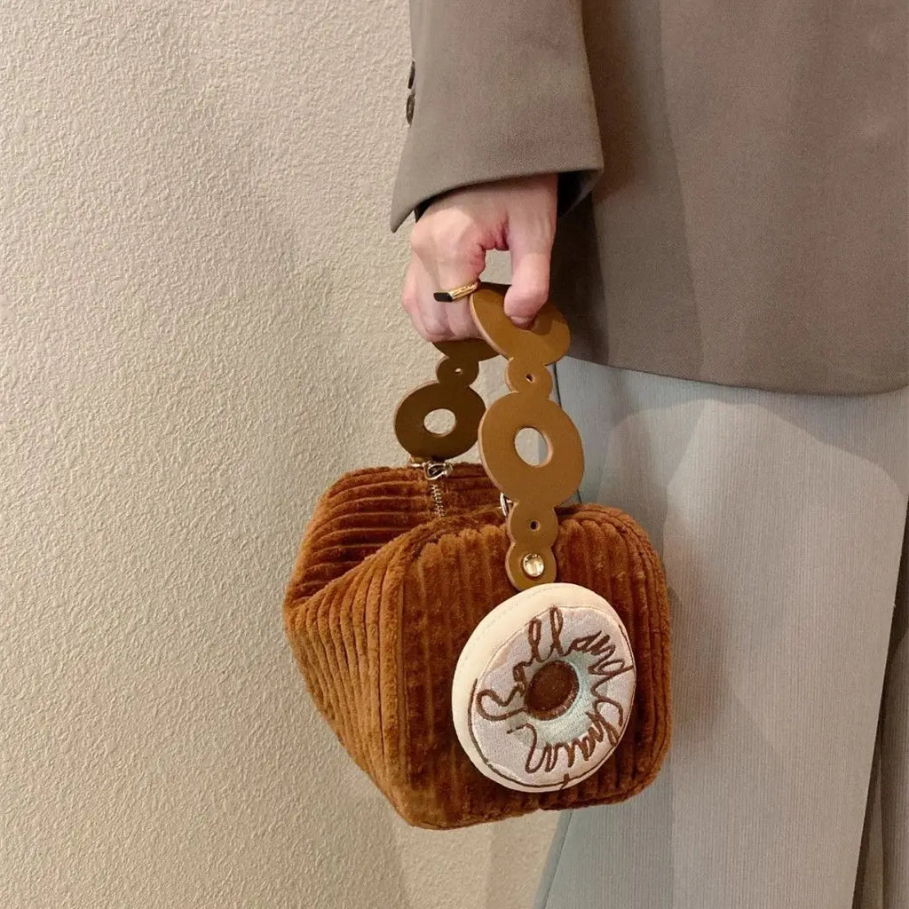 Corduroy Mini Bag with Donut Pendant - Women's Crossbody Tote