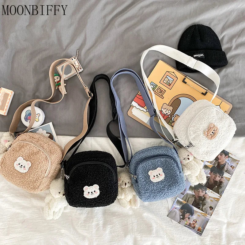 Bear Messenger Bag Women Plush Mobile Phone Bags Girls Small Shoulder Bag