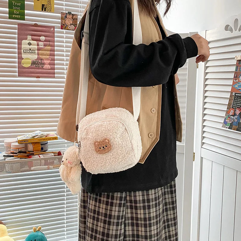Bear Messenger Bag Women Plush Mobile Phone Bags Girls Small Shoulder Bag