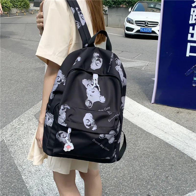 Bear Print Women Waterproof Travel Book Backpack Female Laptop Bag