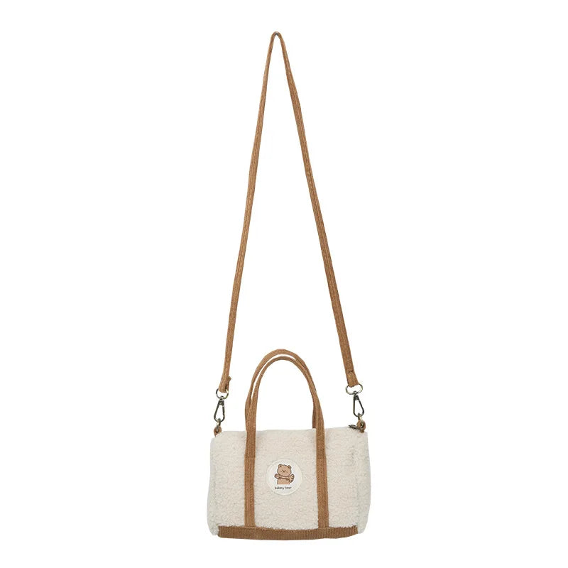 Bear Women Boston Bag Woolen Corduroy Shoulder Bag Handbag Plush Crossbody Bags
