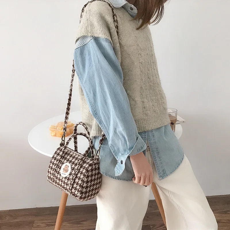 Bear Women Boston Bag Woolen Corduroy Shoulder Bag Handbag Plush Crossbody Bags