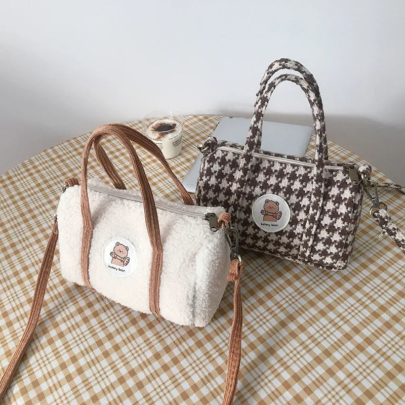Bear Women Boston Bag Woolen Corduroy Shoulder Bag Handbag Plush Crossbody Bags