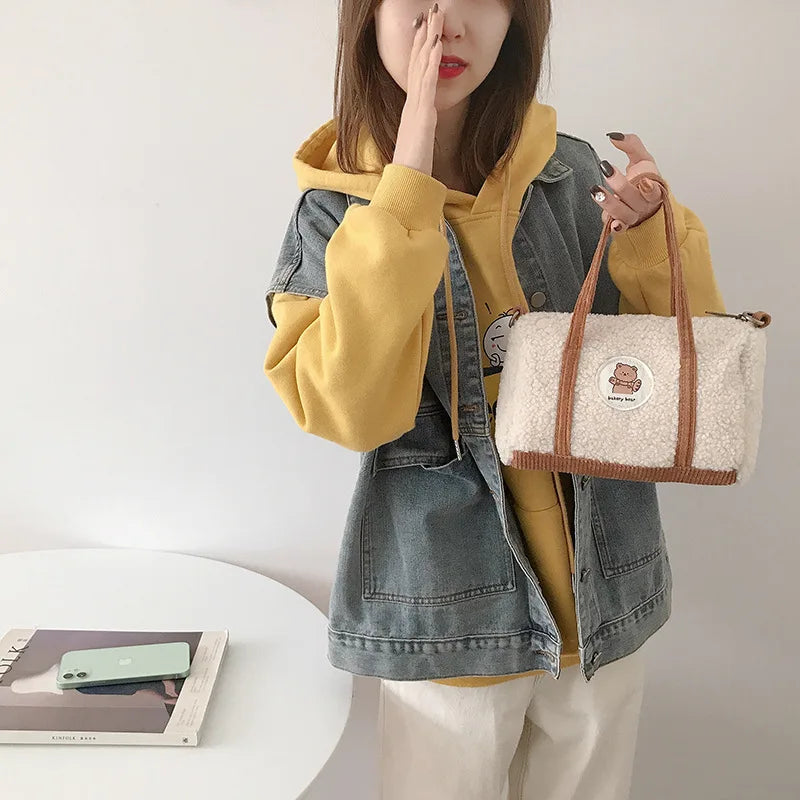 Bear Women Boston Bag Woolen Corduroy Shoulder Bag Handbag Plush Crossbody Bags
