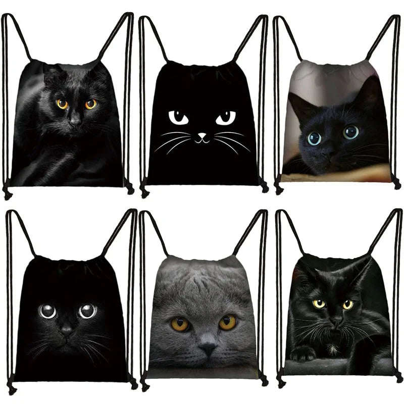 Cat Drawstring Bag Women Shopping Bags Canvas Travel Bag