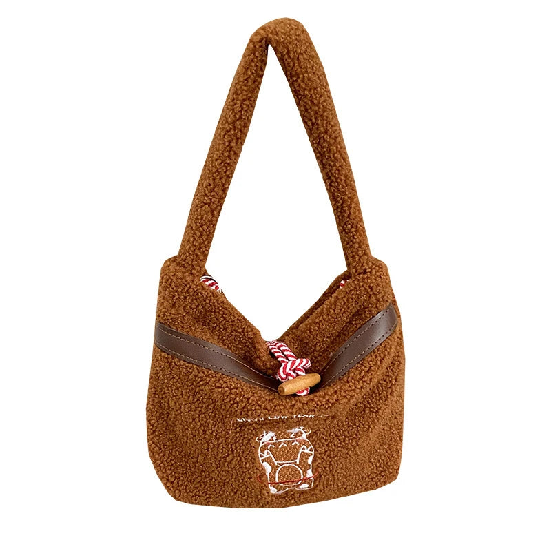 Brown Bear Lamb Fabric Shoulder Tote Bag Soft Handbags
