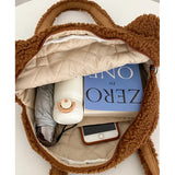 Brown Bear Lamb Fabric Shoulder Tote Bag Soft Handbags