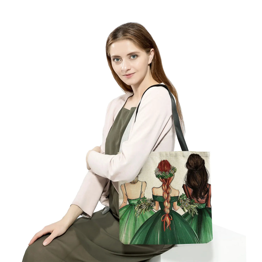 Cartoon Girl Print Tote Reusable Shoulder Bags Girlfriends And Sisters