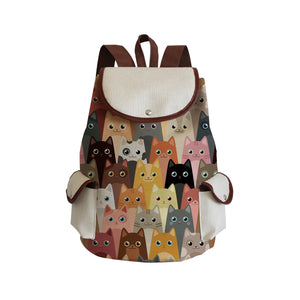 Cartoon Cat Print Women Casual Bag Linen Fabric Book Bag Large Capacity Backpack