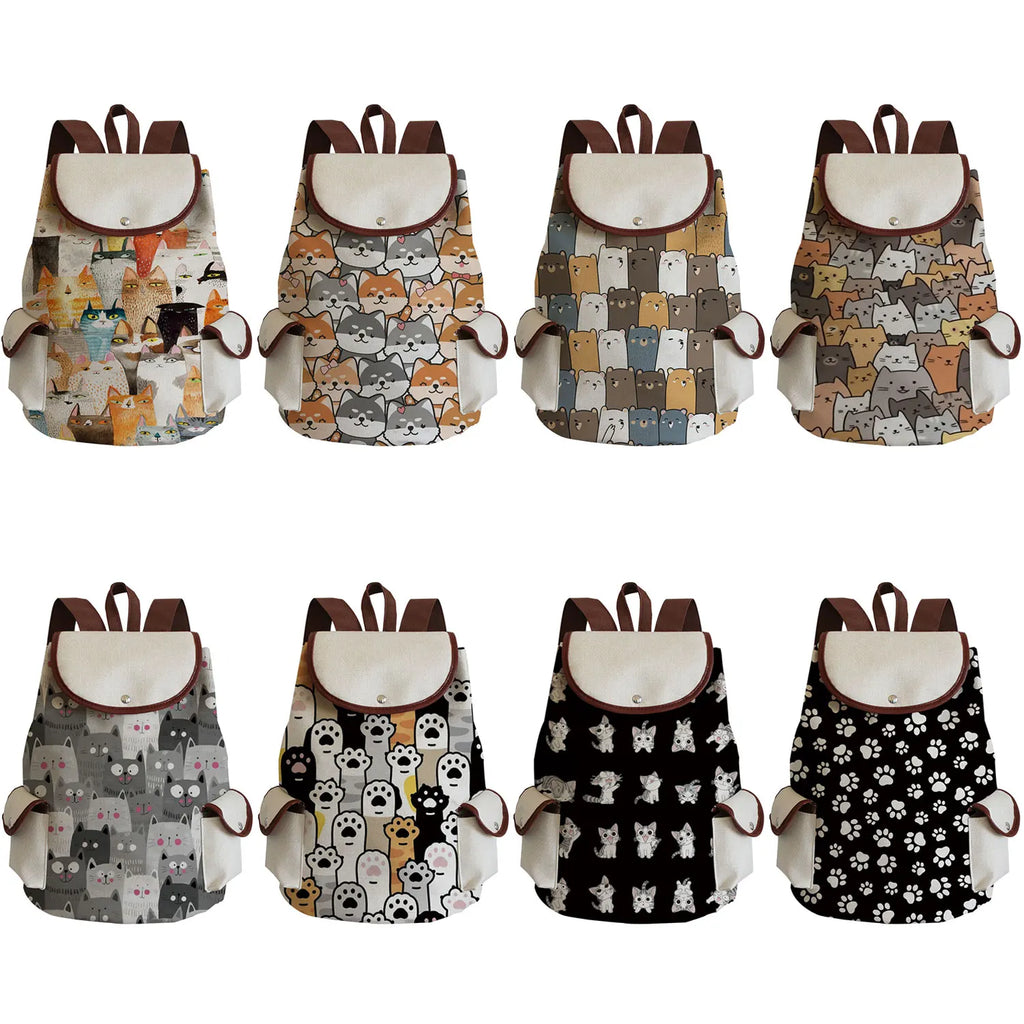 Cartoon Cat Print Women Casual Bag Linen Fabric Book Bag Large Capacity Backpack