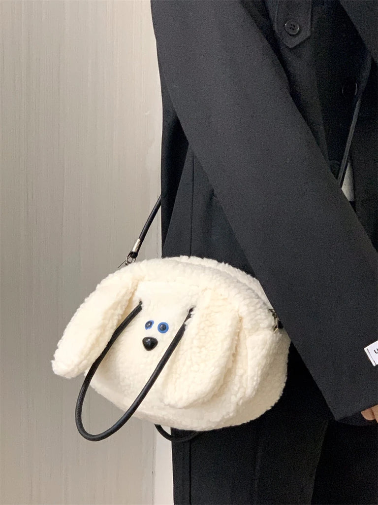 Cartoon Dog Women's Shoulder Bag Faux Lamb Wool Student Girls Clutch Purse