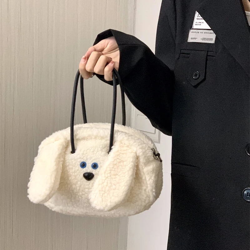 Cartoon Dog Women's Shoulder Bag Faux Lamb Wool Student Girls Clutch Purse