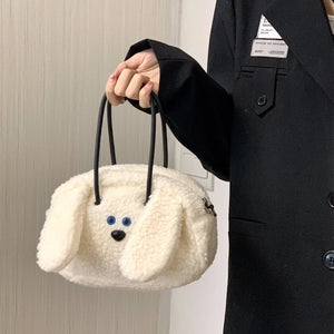 Cartoon Dog Women's Shoulder Bag Faux Lamb Wool Student Girls Clutch Purse