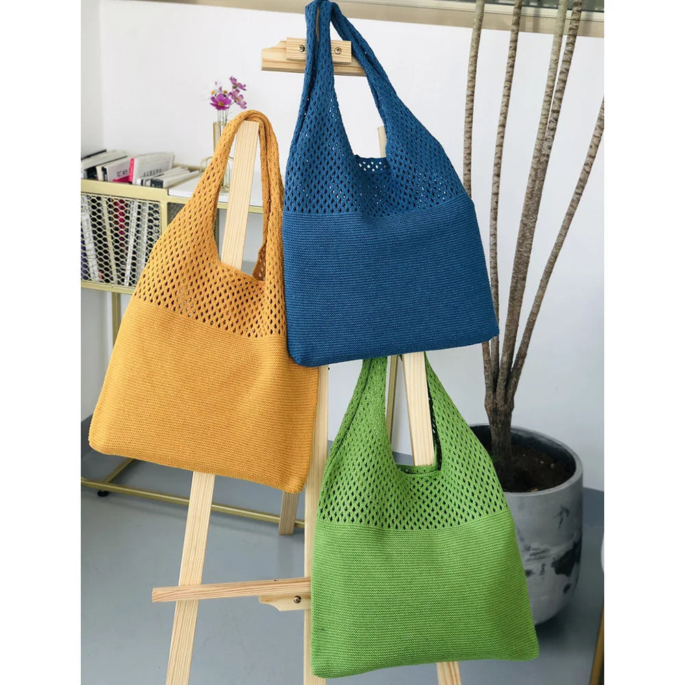 Cartoon Duck Green Tote Bag Crochet Knitting Shopping Women Top-handle Shoulder