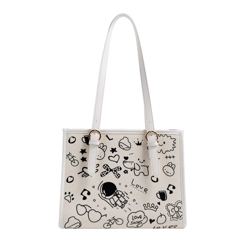 Cartoon Pattern Shoulder Bag for Women Stylish Graffiti Purses