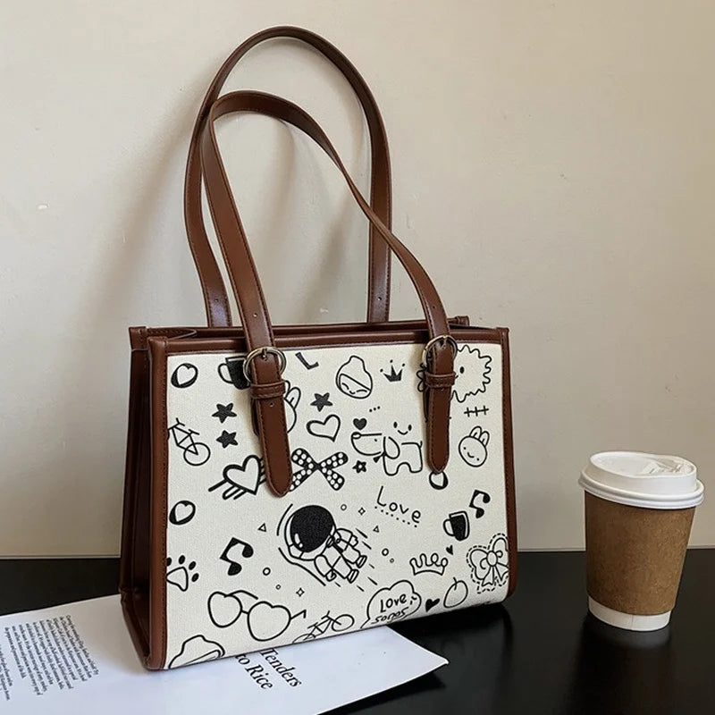 Cartoon Pattern Shoulder Bag for Women Stylish Graffiti Purses