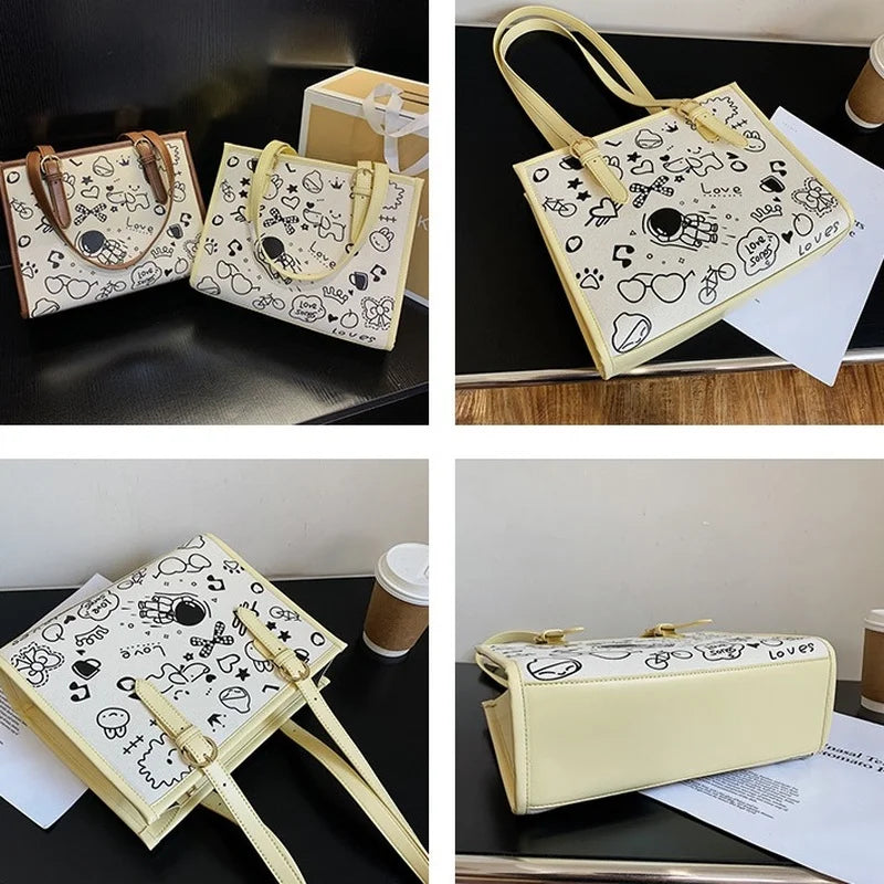 Cartoon Pattern Shoulder Bag for Women Stylish Graffiti Purses