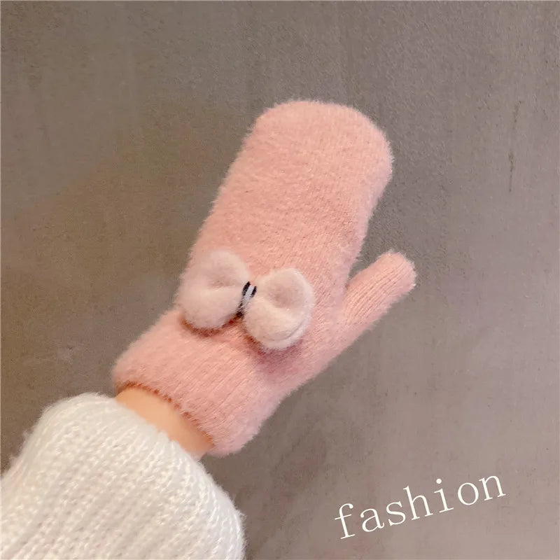Cartoon Plush Riding Gloves for Women Winter Thickening Warm Mittens