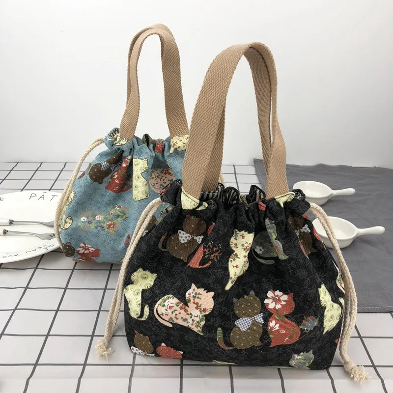 Cartoon Print Bento Bag Casual Drawstring Portable Tote Lunch Bags