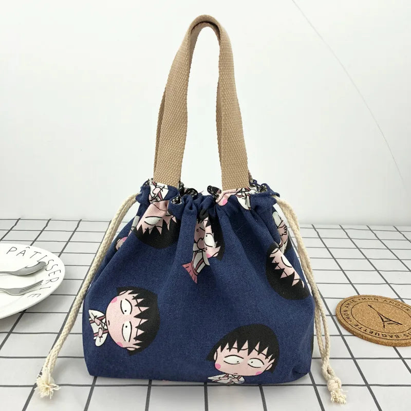Cartoon Print Bento Bag Casual Drawstring Portable Tote Lunch Bags