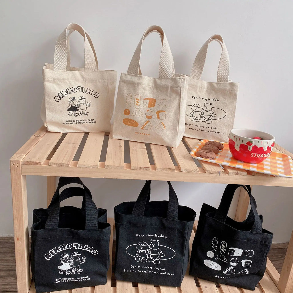 Cartoon Print Mini Lunch Bag Office Worker Cotton Cloth Women Tote Food Bag