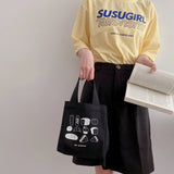 Cartoon Print Mini Lunch Bag Office Worker Cotton Cloth Women Tote Food Bag