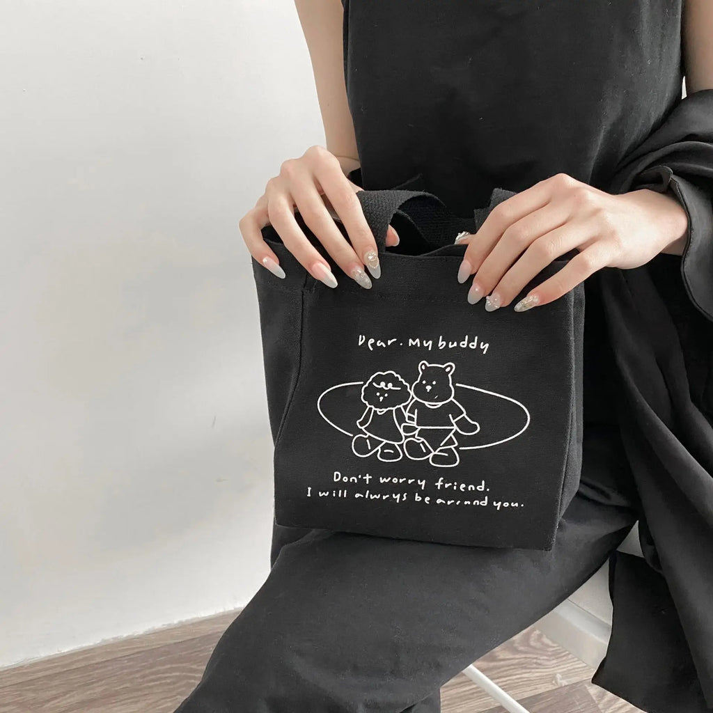 Cartoon Print Mini Lunch Bag Office Worker Cotton Cloth Women Tote Food Bag