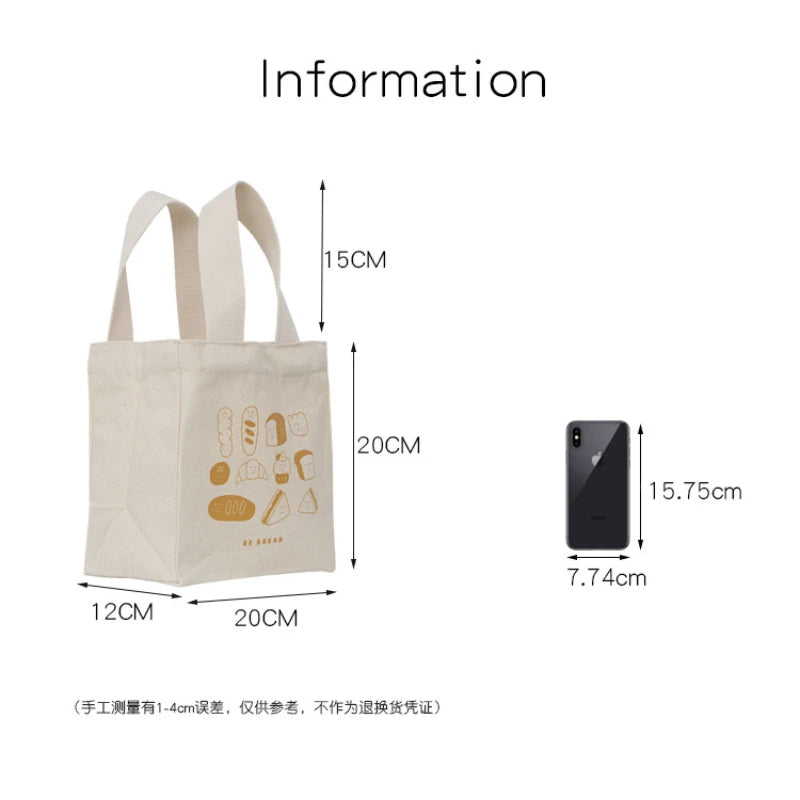 Cartoon Print Mini Lunch Bag Office Worker Cotton Cloth Women Tote Food Bag