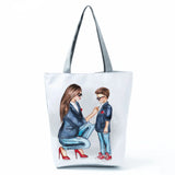 Cartoon Mama Linen Tote Bag Reusable Mom Baby Women Casual Shoulder Bag