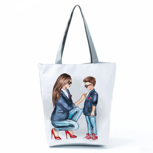 Cartoon Mama Linen Tote Bag Reusable Mom Baby Women Casual Shoulder Bag