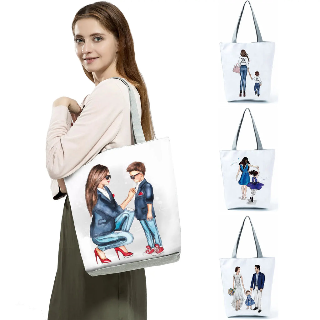 Cartoon Mama Linen Tote Bag Reusable Mom Baby Women Casual Shoulder Bag