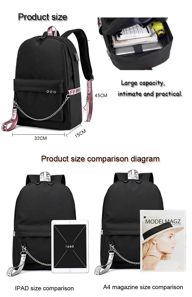Cat Cartoon Students Backpacks Large Capacity School Bag With USB Charging
