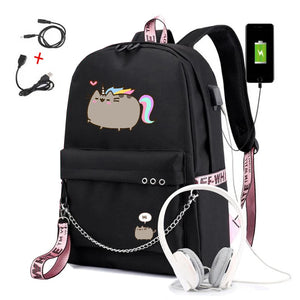 Cat Cartoon Students Backpacks Large Capacity School Bag With USB Charging
