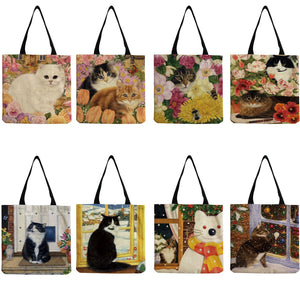 Cat Floral Animal Printed Handbags Customizable Eco Friendly Tote Bag