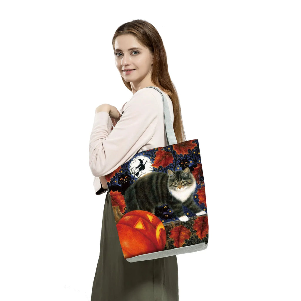 Cat Flower Painting Print Women Tote Bag Floral Handbags Large Shopping Bag